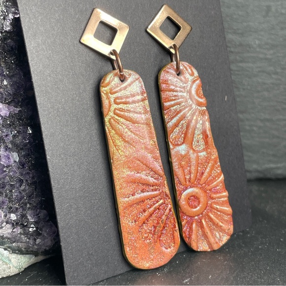 Artisan Made Floral Embossed Shimmering Orange And Pink Boho Earrings - Picture 4 of 7